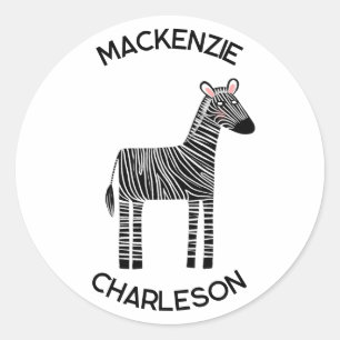 Cute Zebra Nom personnalisé Sticker rond classique