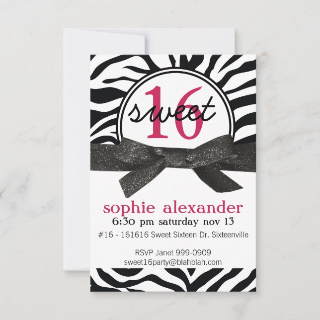 Cute Zebra Pattern Sweet 16 Party Invitation (Front)