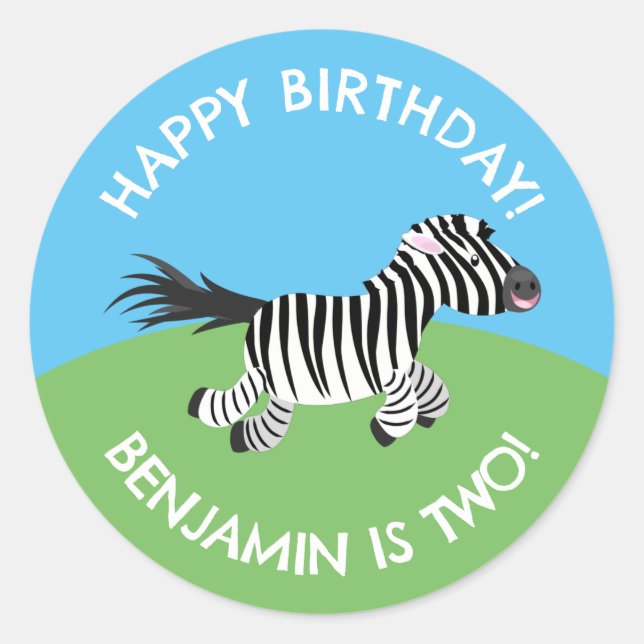Cute zebra personalized cartoon birthday classic round sticker (Front)