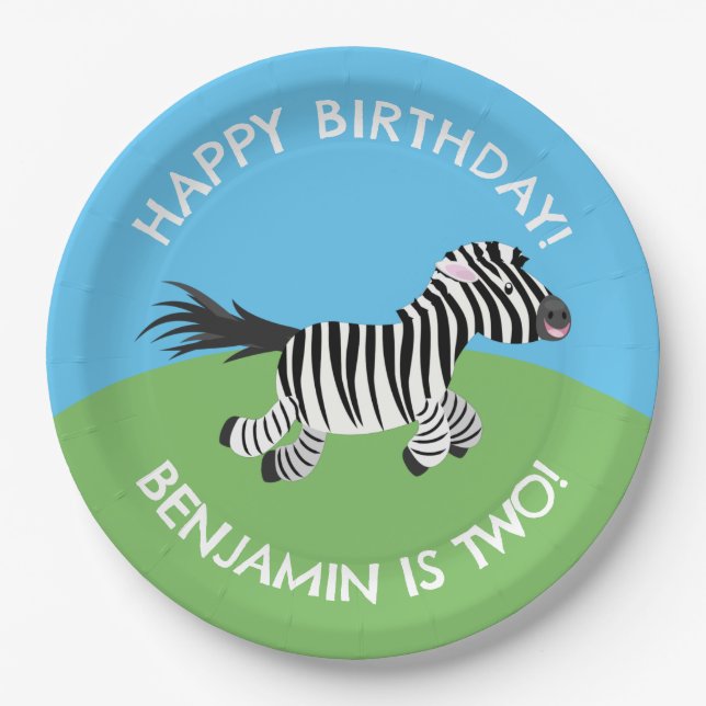 Cute zebra personalized cartoon birthday paper plate (Front)