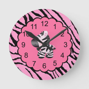 Cute Zebra & Pink & Black Animal Print Round Clock
