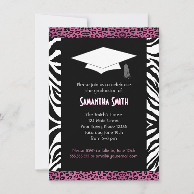 Cute Zebra & Pink Leopard Print Photo Graduation Invitation (Front)