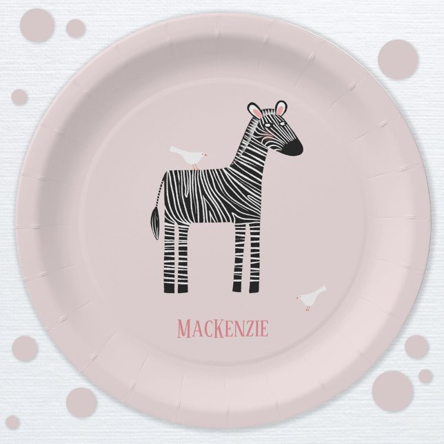 Cute Zebra Pink Party Paper Plate (Cute Zebra personalized name paper party plates)