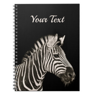 Cute Zebra Portrait on Black Personalized Name Notebook