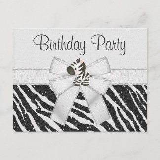 Cute Zebra, Printed Bow & Glitter Look Birthday Invitation