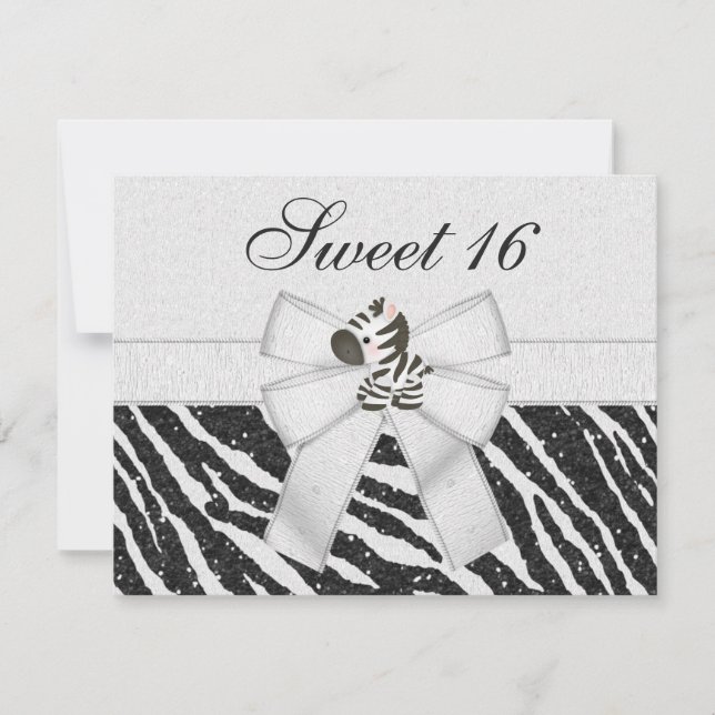 Cute Zebra, Printed Bow & Glitter Look Sweet 16 Invitation (Front)