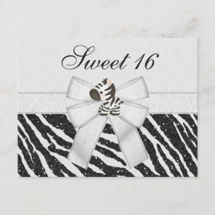 Cute Zebra, Printed Bow & Glitter Look Sweet 16 Invitation