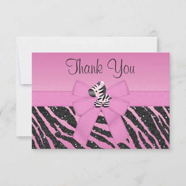 Cute Zebra, Printed Bow & Glitter Look Thank You Card (Front)