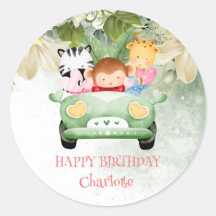 Cute Zebra Race car Safari jungle Birthday party Classic Round Sticker