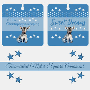 Cute zebra shhh add name is sleeping blue metal ornament