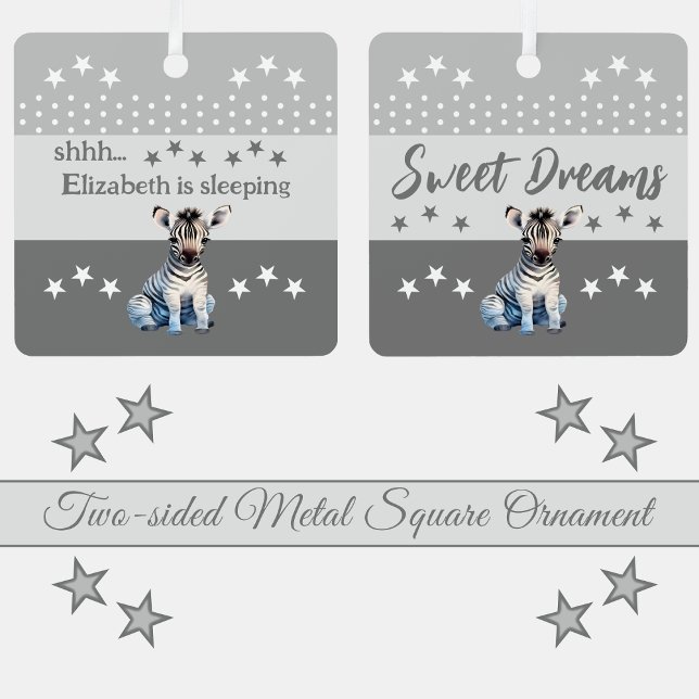 Cute zebra shhh add name is sleeping grey metal ornament (Creator Uploaded)