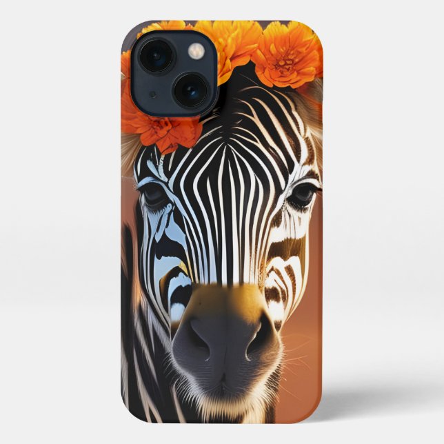 Cute Zebra wearing Orange Flowers iPhone Case (Back)