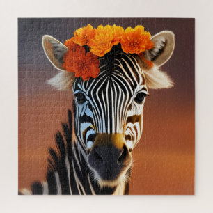 Cute Zebra wearing Orange Flowers   Jigsaw Puzzle