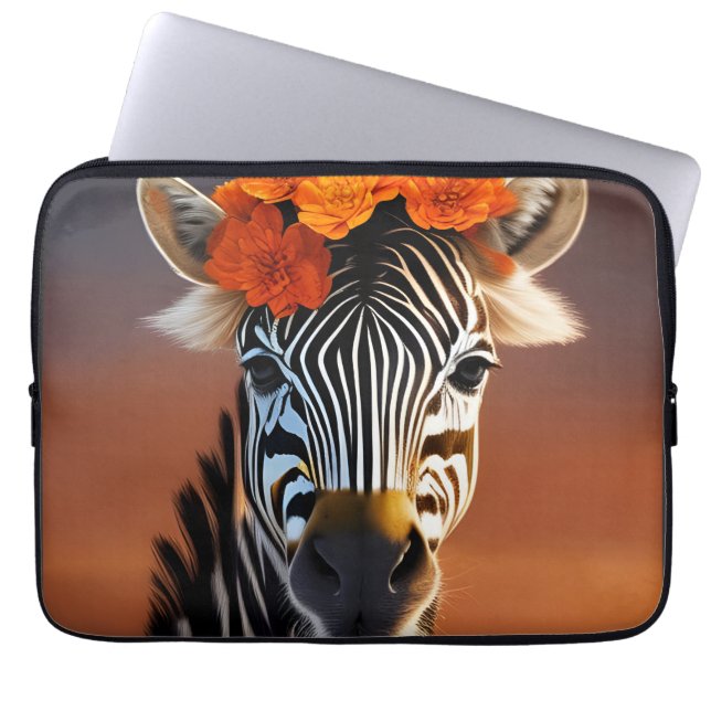 Cute Zebra wearing Orange Flowers Laptop Sleeve (Front)