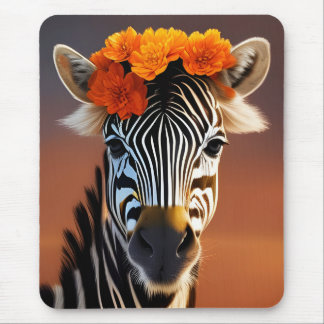 Cute Zebra wearing Orange Flowers Mouse Pad