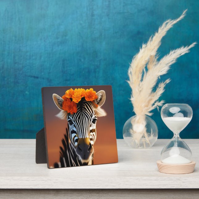 Cute Zebra wearing Orange Flowers Plaque (Insitu)