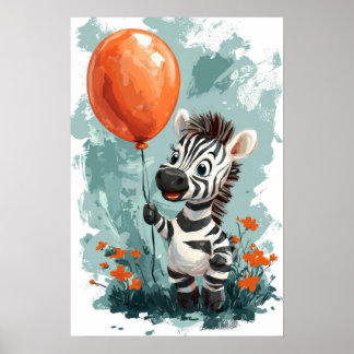 Cute Zebra with Orange Balloon Whimsical Illustrat Poster