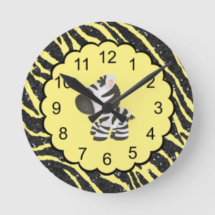 Cute Zebra & Yellow & Black Glitter Animal Print Round Clock