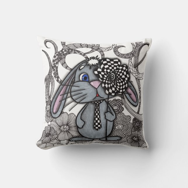 Cute Zentangle Bunny with Chequerboard Flower Thro Throw Pillow (Front)