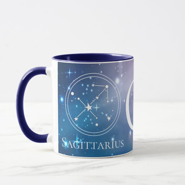 Cute Zodiac Sign SAGITTARIUS Purple Blue Monogram Mug (Left)