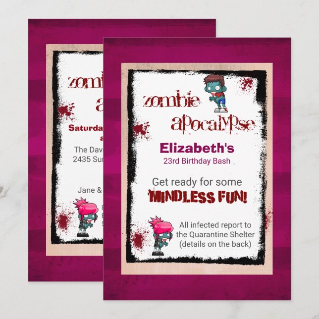 Cute Zombie thème Anniversaire Invitation de fête (Devant / Derrière)