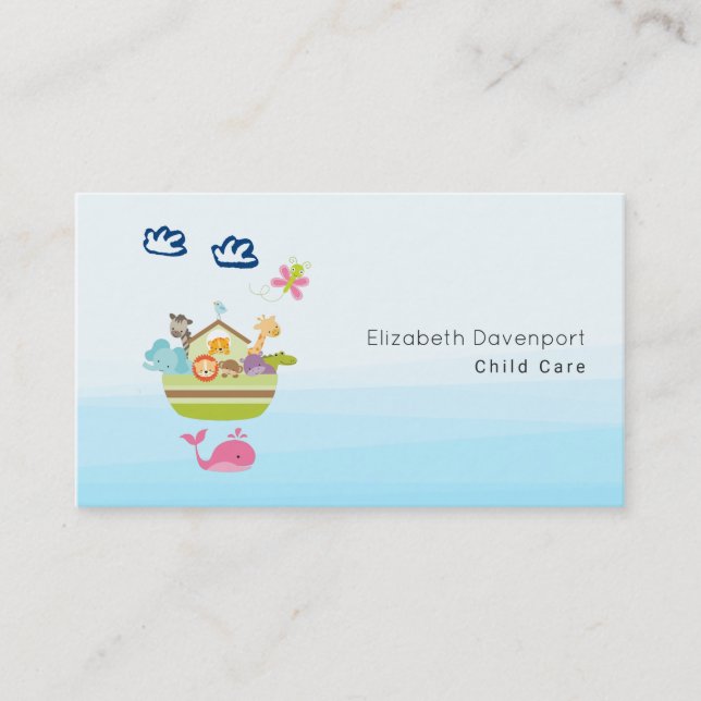 Cute Zoo Animal Ark with a Butterfly and Whale Business Card (Front)