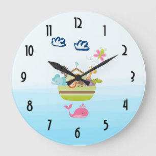 Cute Zoo Animal Ark with a Butterfly and Whale Large Clock