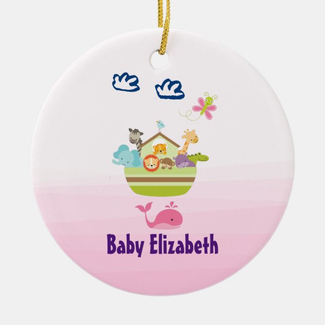 Cute Zoo Animal Ark with a Butterfly Pink Baby Ceramic Ornament (Front)