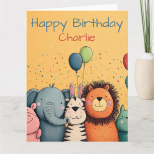 Cute Zoo Animals Party with Balloons and Confetti Card