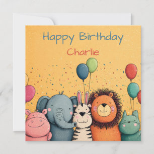 Cute Zoo Animals Party with Balloons and Confetti  Holiday Card