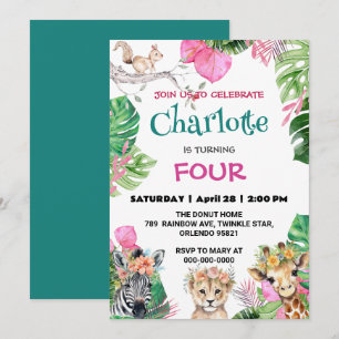 Cute Zoo jungle Animals Birthday Floral  Invitation
