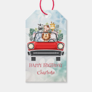 Cute Zoo red Car Safari jungle Birthday party Gift Tags