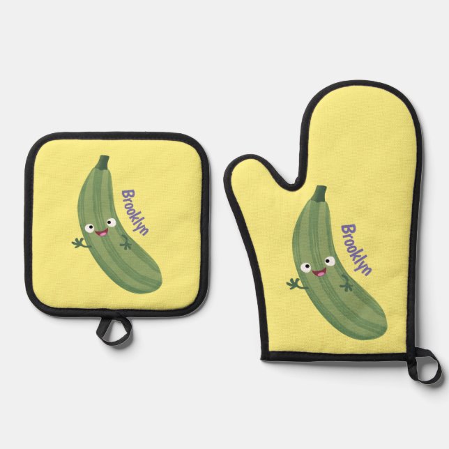 Cute zucchini happy cartoon illustration oven mitt & pot holder set (Front)