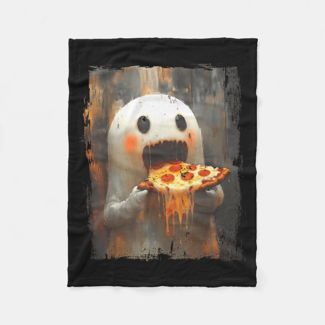 Cute Zza Ghost Eating Zza Funny Halloween Food Lov Fleece Blanket (Front)