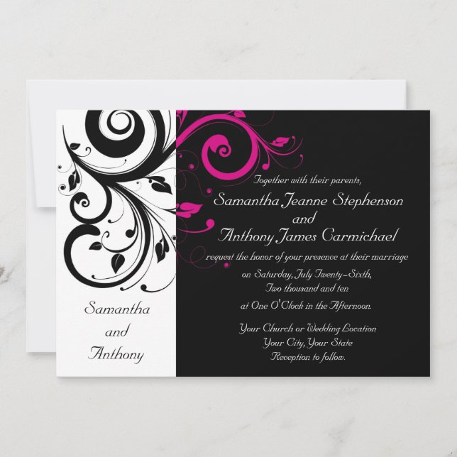 CuteNComfy Black Magenta Swirl Invitations de mari (Devant)