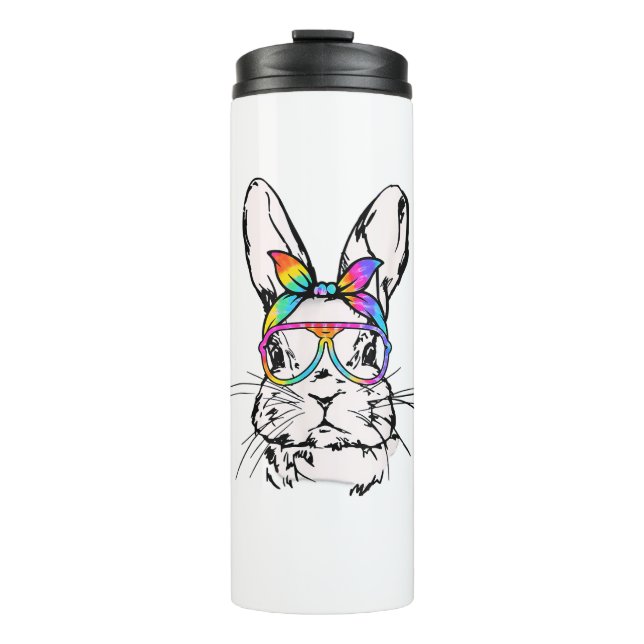 Cutes Bunny Messy Bun Tie Dye Bandana Rabbit Easte Thermal Tumbler (Front)