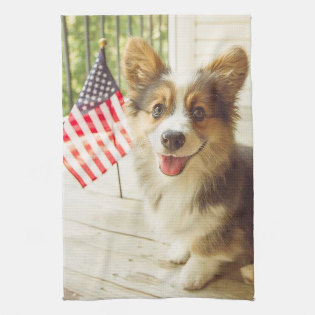 Cutest Baby Animals | American Flag Corgi Kitchen Towel (Vertical)