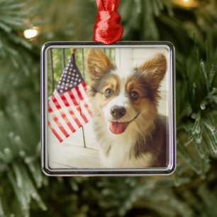 Cutest Baby Animals   American Flag Corgi Metal Ornament