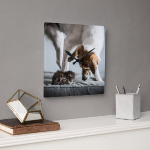 Cutest Baby Animals   Baby Kitten & Dog Square Wall Clock