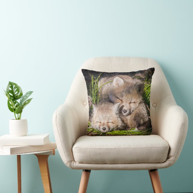 Cutest Baby Animals | Baby Red Fox Kits Sleeping Throw Pillow (Chair)