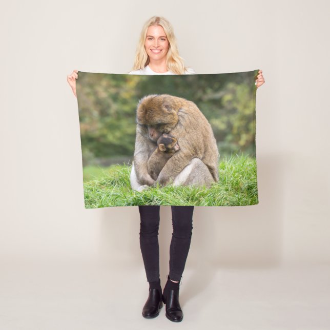 Cutest Baby Animals | Barbary Macaque Family Fleece Blanket (In Situ)