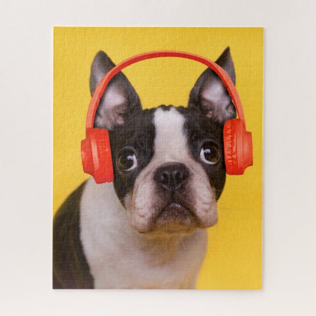 Cutest Baby Animals | Boston Terrier Headphones Jigsaw Puzzle (Vertical)