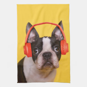 Cutest Baby Animals   Boston Terrier Headphones Kitchen Towel