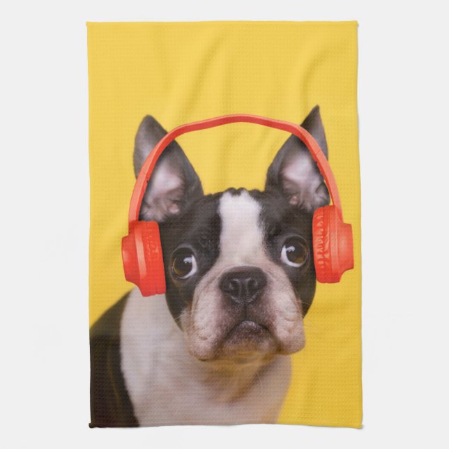 Cutest Baby Animals | Boston Terrier Headphones Kitchen Towel (Vertical)