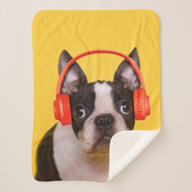 Cutest Baby Animals | Boston Terrier Headphones Sherpa Blanket (Front)
