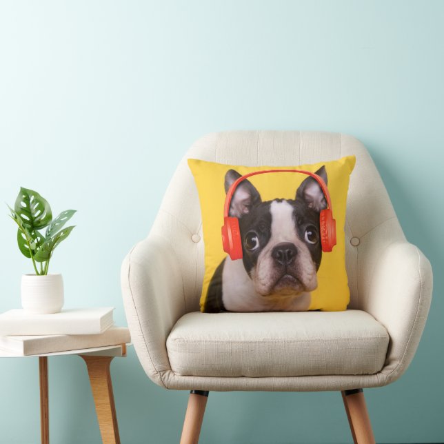 Cutest Baby Animals | Boston Terrier Headphones Throw Pillow (Chair)
