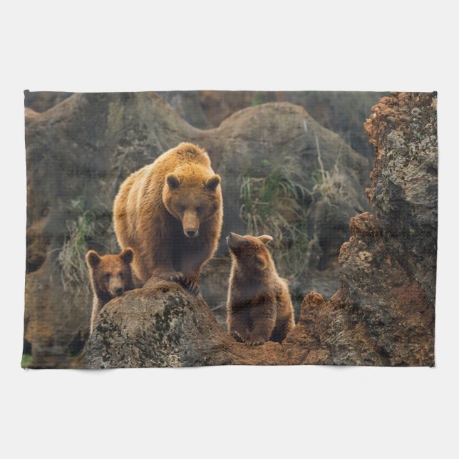 Cutest Baby Animals | Brown Bear Family Kitchen Towel (Horizontal)