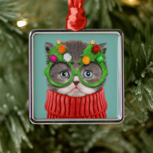 Cutest Baby Animals   Cat Christmas Sweater Metal Ornament
