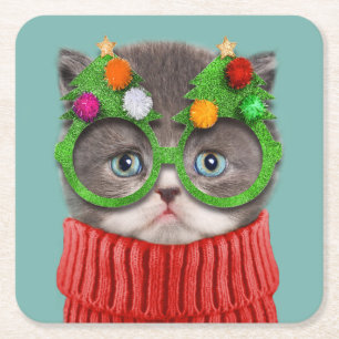 Cutest Baby Animals Cat Christmas Sweater Square Paper Coaster