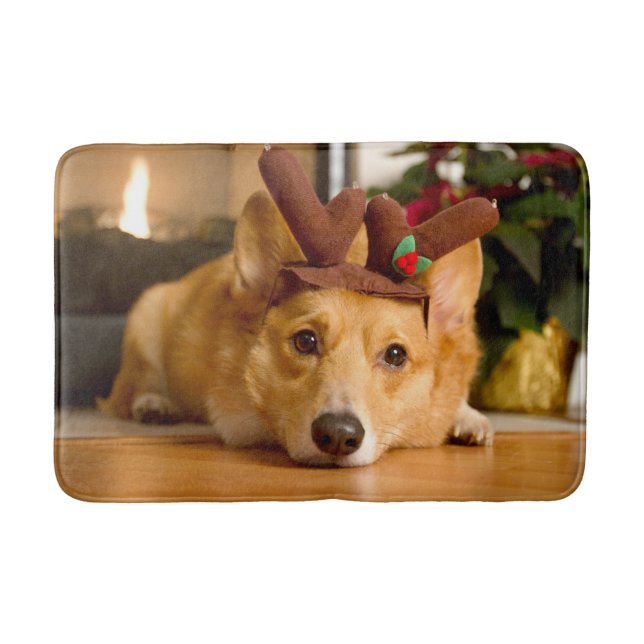 Cutest Baby Animals | Corgi Christmas Reindeer Bath Mat (Front)